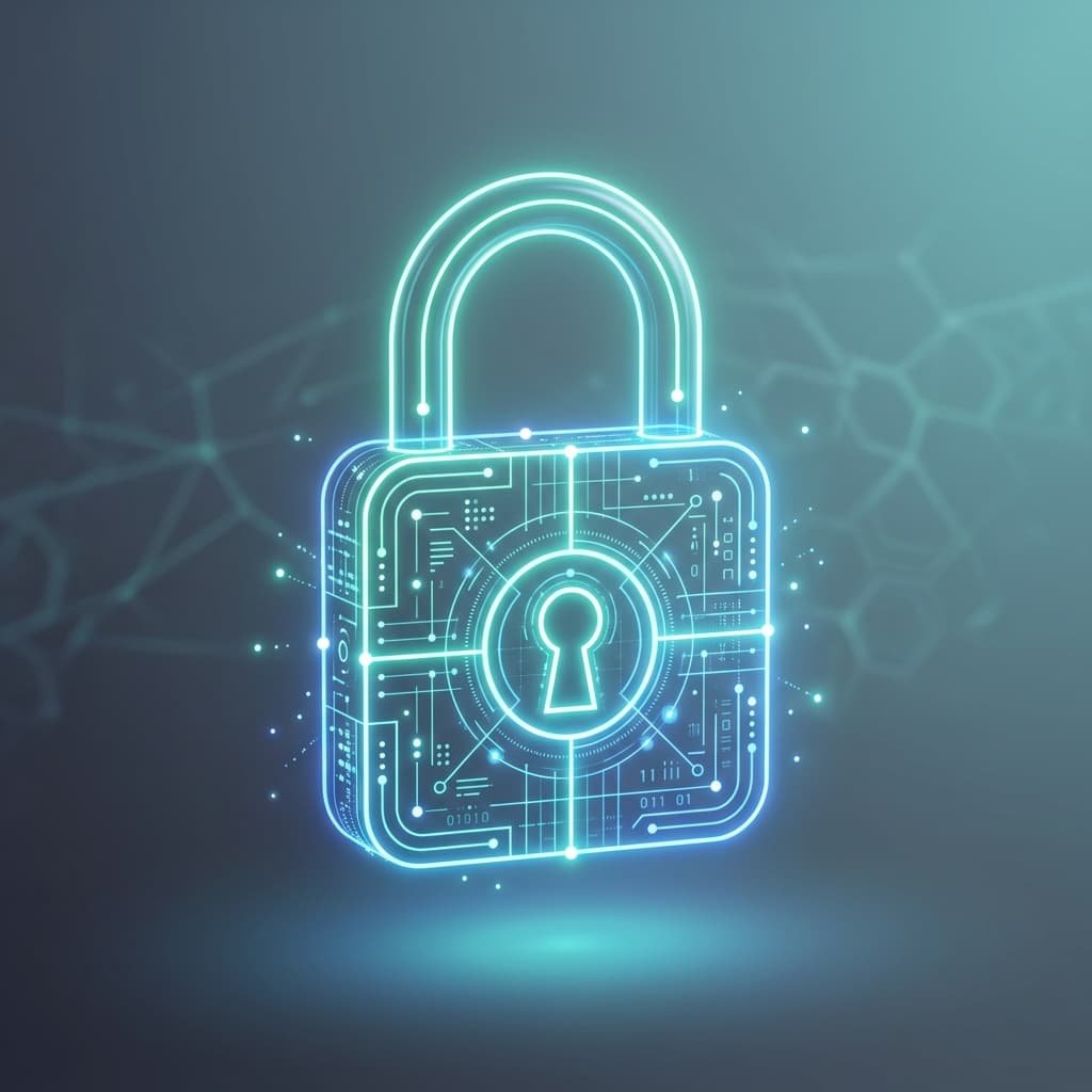 A clean, minimalist 3D illustration of a futuristic digital padlock made of glowing neon lines and dots.