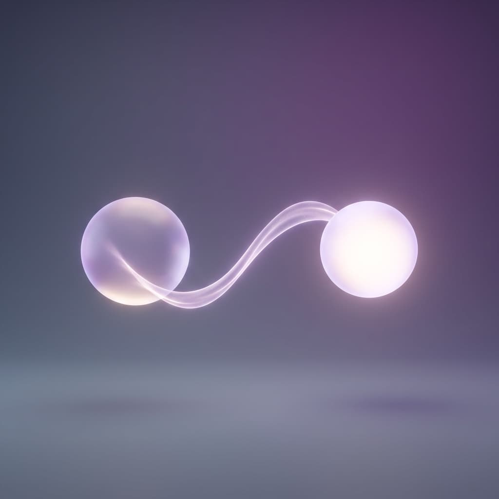 A clean, minimalist 3D illustration of two glowing spheres connected by a subtle wave of glowing light.
