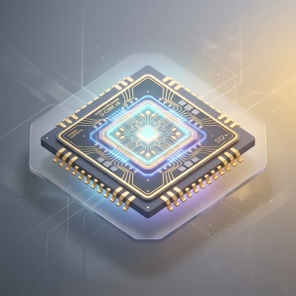 A clean, minimalist 3D illustration of a futuristic, glowing quantum computer chip.